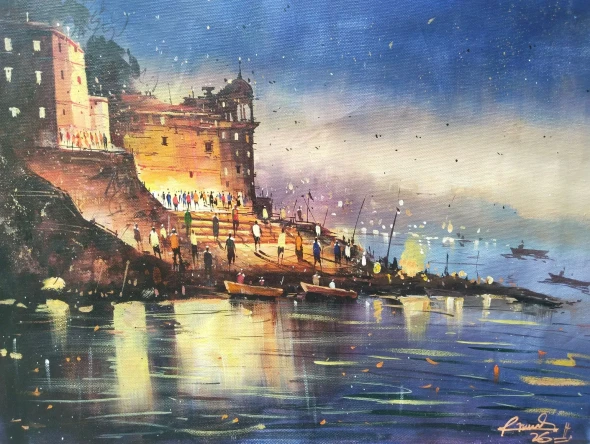 Benaras Ghat (ART-18683-123399) - Handpainted Art Painting - 15in X 20in
