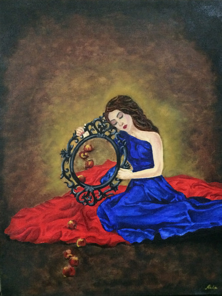 Girl lost in dreams (ART_1304_11165) - Handpainted Art Painting - 14in X 18in