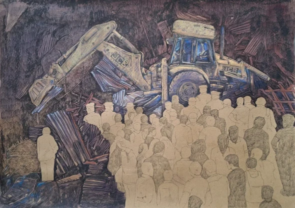 Slum Eviction (ART-18009-123383) - Handpainted Art Painting - 40in X 28in