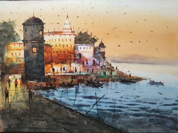 Benaras Ghat (ART-18683-123353) - Handpainted Art Painting - 10in X 14in