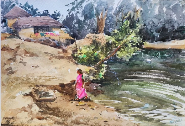 Village Life (ART-7901-123572) - Handpainted Art Painting - 16in X 12in