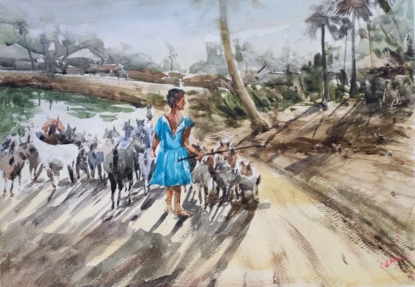 Village Girl (ART-7901-123570) - Handpainted Art Painting - 16in X 12in