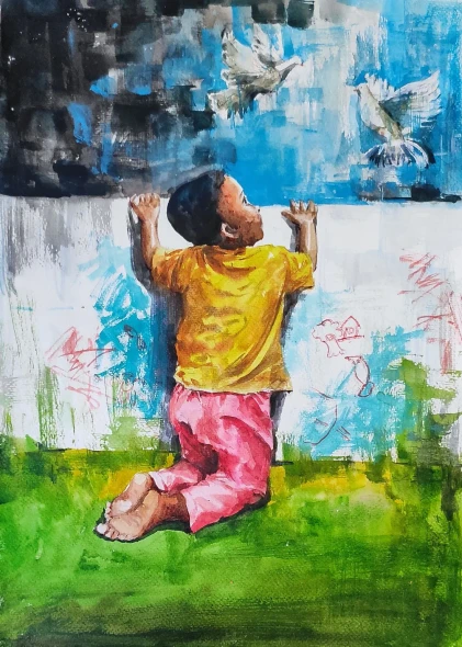 Sky With Dreams (ART-7901-123560) - Handpainted Art Painting - 12in X 16in