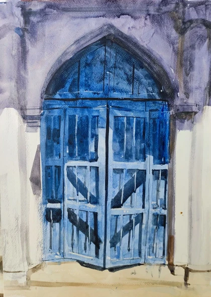 The Blue Door (ART-7901-123555) - Handpainted Art Painting - 12in X 16in
