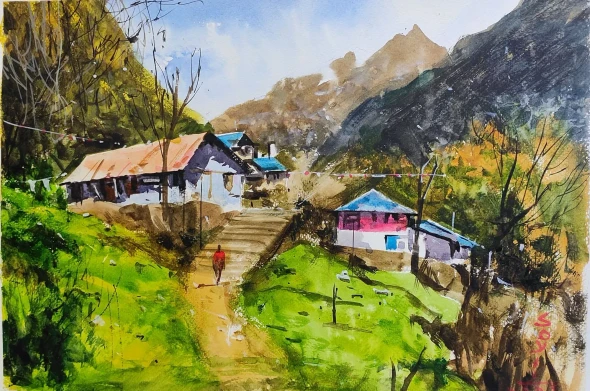 Hillscape With A Tiny House (ART-7901-123552) - Handpainted Art Painting - 16in X 12in