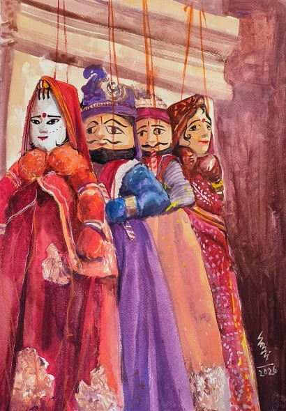 Rajasthan Kutputli (ART-7901-123547) - Handpainted Art Painting - 16in X 12in