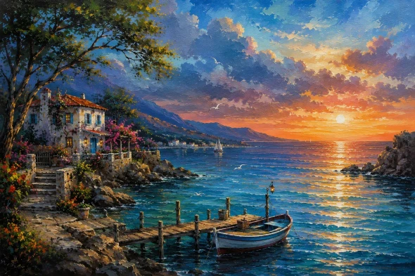 Serenade Of The Harbor Sunset"- Landscape Scenery Painting (ART-3319-123539) - Handpainted Art Painting - 40in X 30in
