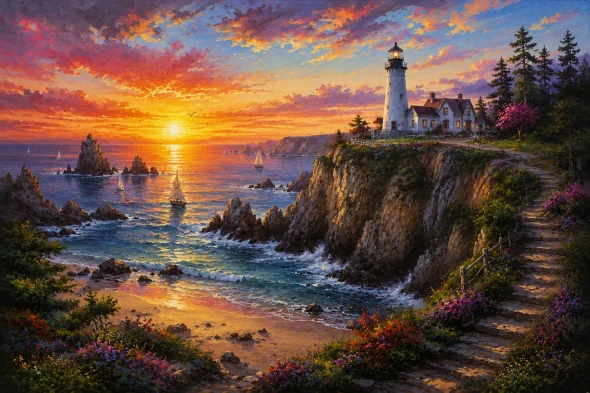 Coastal Seascape Landscape  Painting With Sailboats (ART-3319-123509) - Handpainted Art Painting - 40in X 30in
