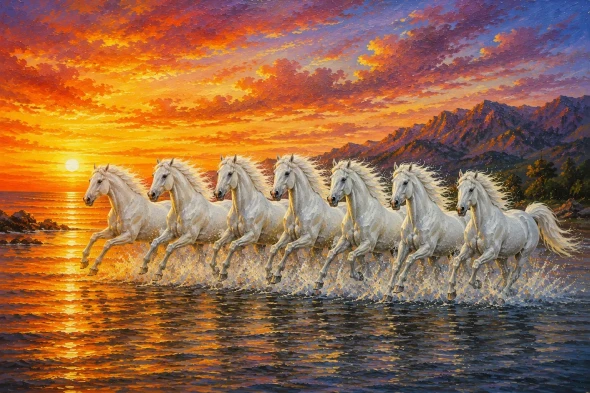 7 Running Horses Painting Vastu (ART-3319-123505) - Handpainted Art Painting - 48in X 36in
