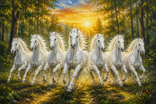 7 Running Horses Painting Vastu (ART-3319-123503) - Handpainted Art Painting - 48in X 30in