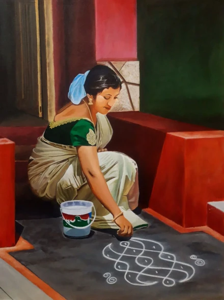 Dawn Of South India's Doorway (ART-17791-123497) - Handpainted Art Painting - 18in X 24in