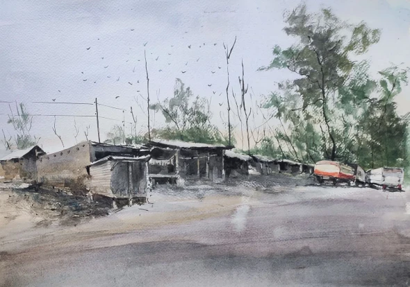 Highway (ART-7901-123568) - Handpainted Art Painting - 16in X 12in