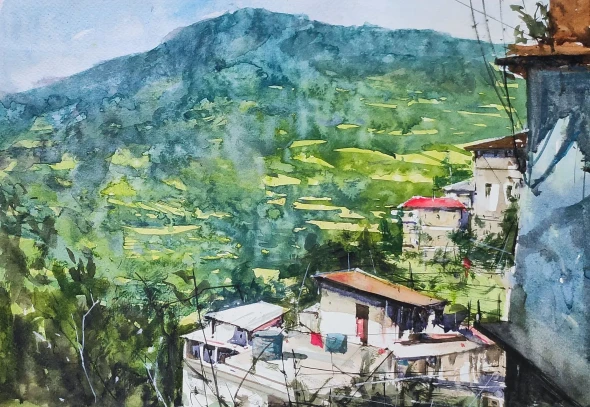 Green Hillscape (ART-7901-123564) - Handpainted Art Painting - 16in X 12in