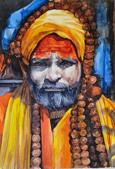 Sadhu (ART-7901-123561) - Handpainted Art Painting - 12in X 16in