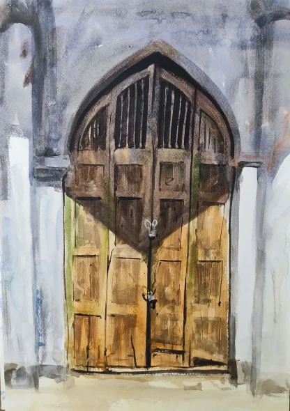 The Indian Old Door (ART-7901-123556) - Handpainted Art Painting - 12in X 16in