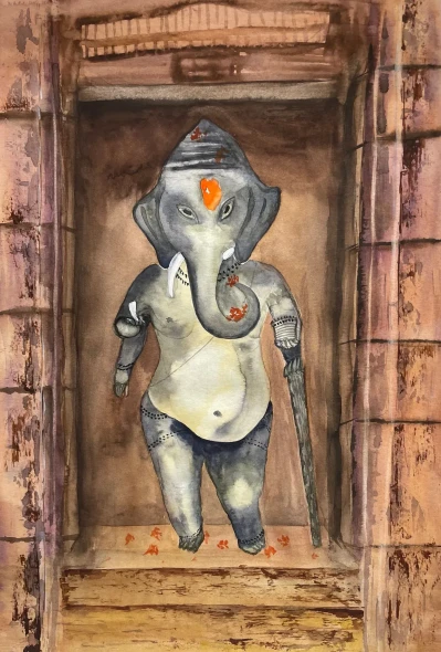 Ganapati (ART-8841-123573) - Handpainted Art Painting - 11in X 15in