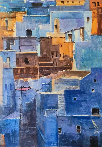 Rajasthani City Jodpur (ART-7901-123548) - Handpainted Art Painting - 12in X 16in