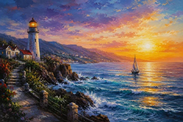 "Beacon Of The Golden Sunset" – Landscape Scenery Painting (ART-3319-123541) - Handpainted Art Painting - 48in X 36in