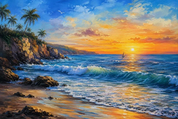 Nature's Heaven Sunrise Seascape Landscape Scenery Painting (ART-3319-123542) - Handpainted Art Painting - 40in X 30in