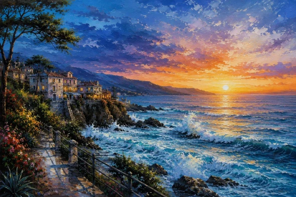 "Symphony Of The Coastal Dusk" – Sunset Landacape Seascape Scenery Painting (ART-3319-123540) - Handpainted Art Painting - 40in X 30in