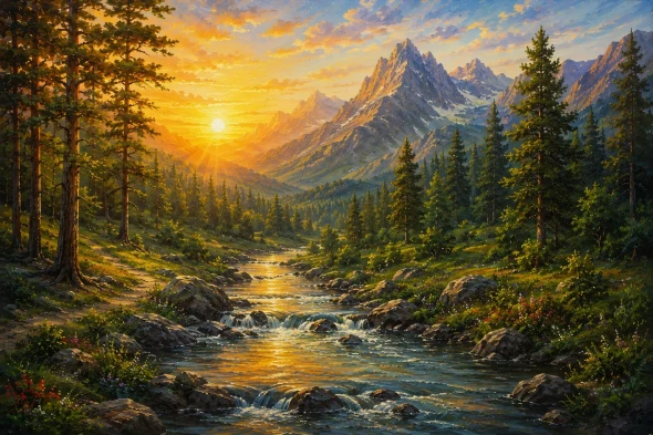 Nature's Heaven Mountains Sunrise Scenery Landscape Painting (ART-3319-123512) - Handpainted Art Painting - 48in X 30in