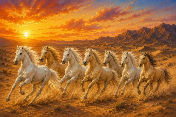7 Running Horses Painting Vastu (ART-3319-123506) - Handpainted Art Painting - 48in X 36in