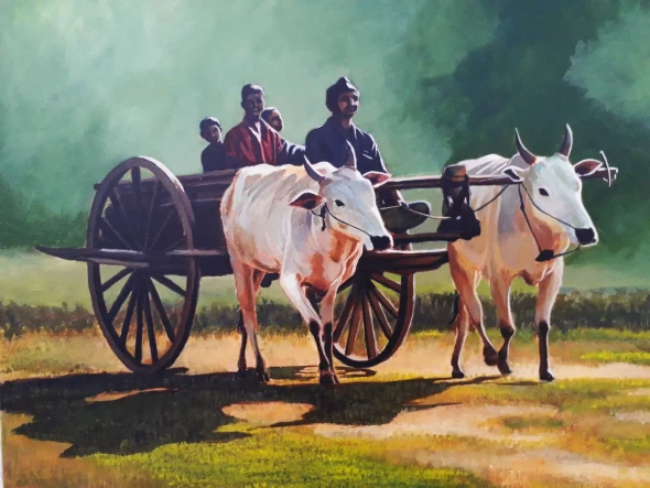 Bullock Cart Journey (ART-17791-123496) - Handpainted Art Painting - 20in X 16in