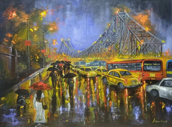 Rainy Night In Kolkata (ART-82-123490) - Handpainted Art Painting - 40in X 30in