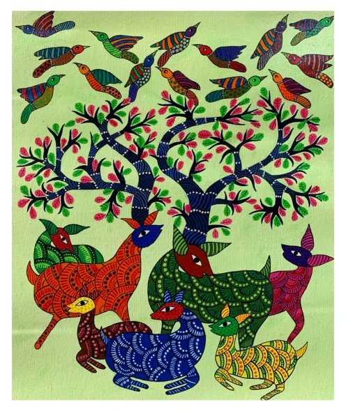 Beneath The Tree Of Life (ART-7213-123477) - Handpainted Art Painting - 10in X 12in