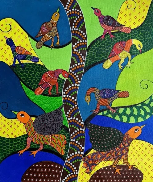 Forest Of Singing Birds (ART-7213-123475) - Handpainted Art Painting - 9in X 12in