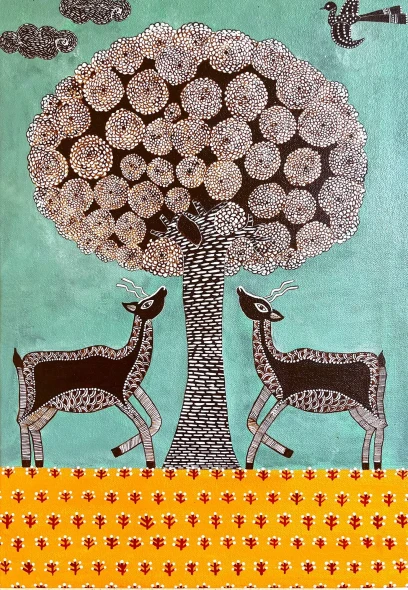 Gond Art Deer Under The Sacred Tree – Hand-Painted Indian Folk Art (ART-17034-123620) - Handpainted Art Painting - 14in X 20in