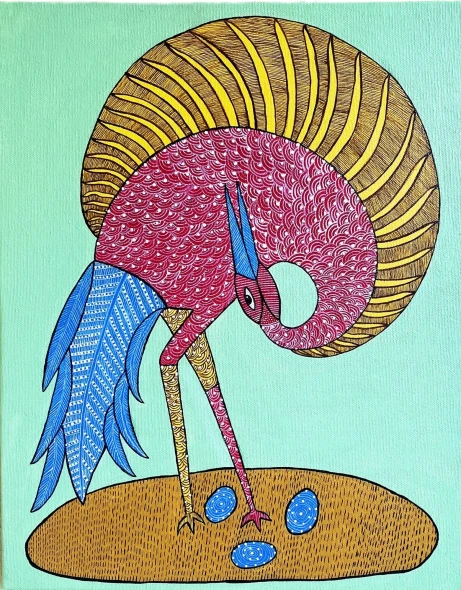 Nurturing Grace” – Handcrafted Gond Art Painting Of A Bird And Its Eggs (ART-17034-123619) - Handpainted Art Painting - 12in X 15in