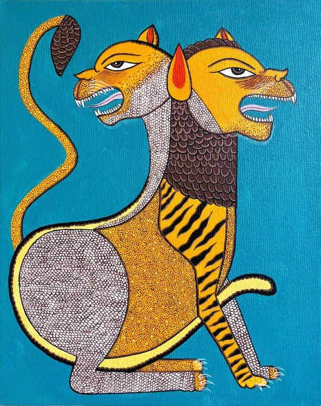 Gond Art Tiger Pair Painting – Indian Folk Art (ART-17034-123617) - Handpainted Art Painting - 12in X 15in