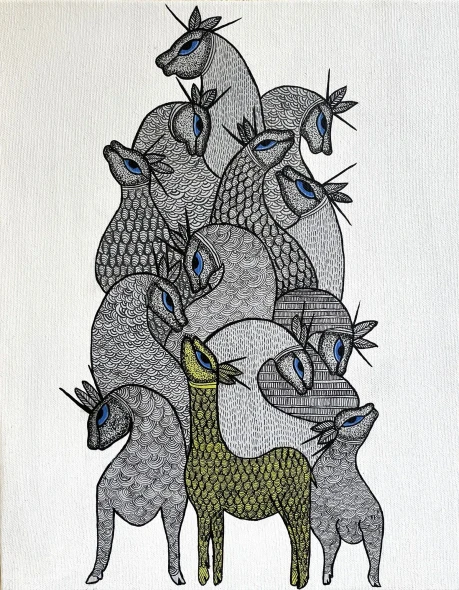 Gond Art Deer Painting – Indian Tribal Folk Art (ART-17034-123616) - Handpainted Art Painting - 12in X 15in