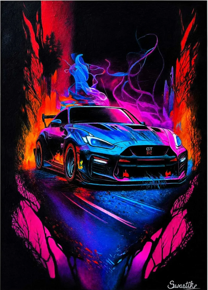The Nissan GT-R (ART-18724-123609) - Handpainted Art Painting - 11in X 17in