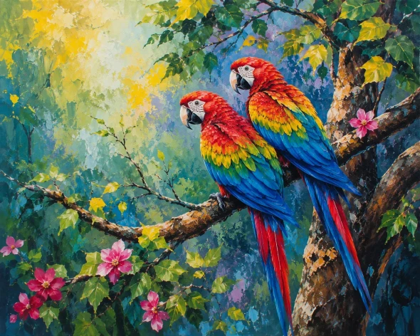 Handmade Scarlet Macaw Acrylic Painting | Tropical Parrot Wall Art | Rainforest Bird Canvas (ART-3319-123603) - Handpainted Art Painting - 36in X 24in