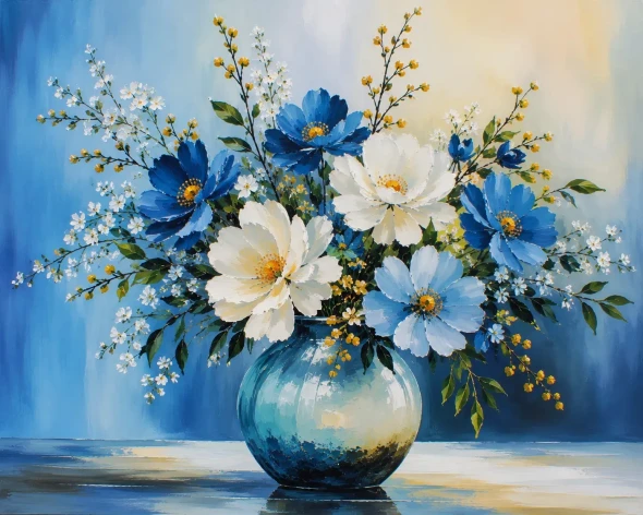 Radiant Blossoms – Handmade Acrylic Floral Vase Painting (ART-3319-123600) - Handpainted Art Painting - 36in X 24in