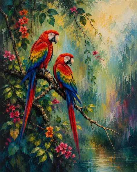 Handmade Scarlet Macaw Acrylic Painting | Tropical Parrot Wall Art | Rainforest Bird Canvas (ART-3319-123601) - Handpainted Art Painting - 24in X 36in