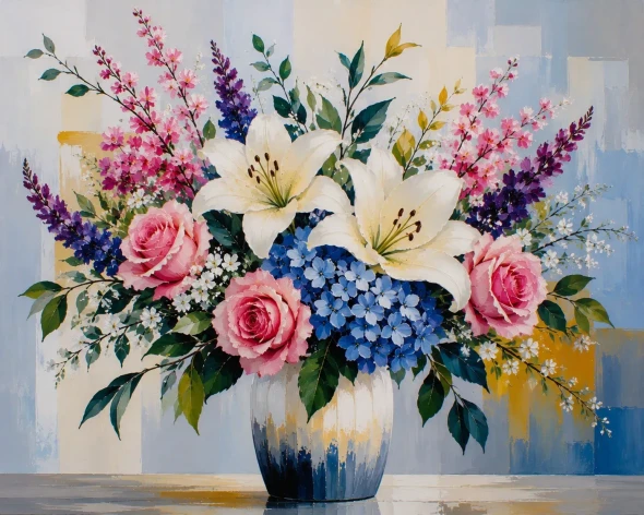 Lily & Rose Harmony – Handmade Acrylic Floral Bouquet Painting (ART-3319-123598) - Handpainted Art Painting - 36in X 24in