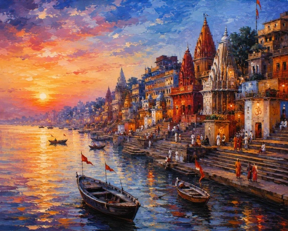 Banaras Ghat Painting (ART-3319-123596) - Handpainted Art Painting - 40in X 30in