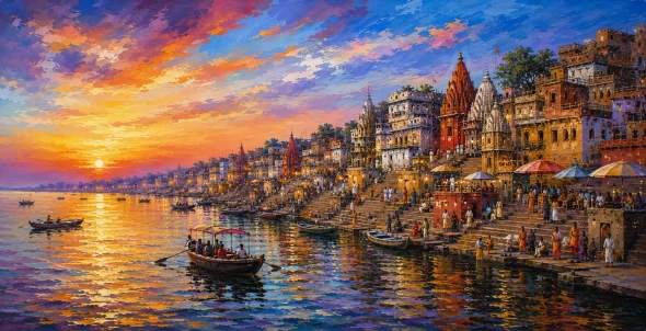 Banaras Ghat Painting (ART-3319-123595) - Handpainted Art Painting - 72in X 36in
