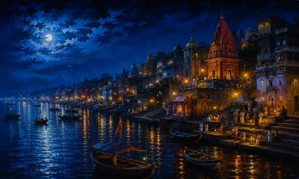 Varanasi Ghat Painting (ART-3319-123593) - Handpainted Art Painting - 60in X 36in