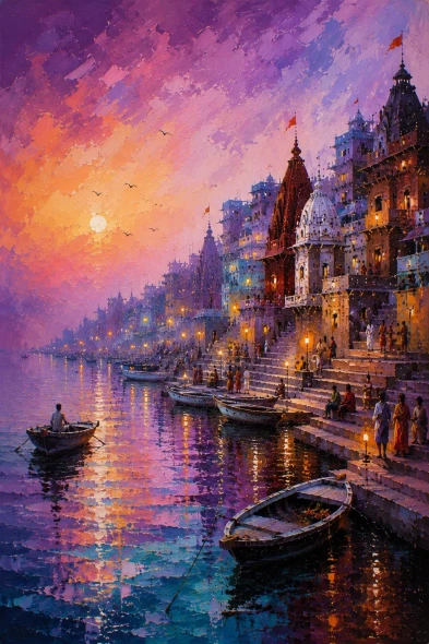 Banaras Ghat Painting (ART-3319-123591) - Handpainted Art Painting - 36in X 48in