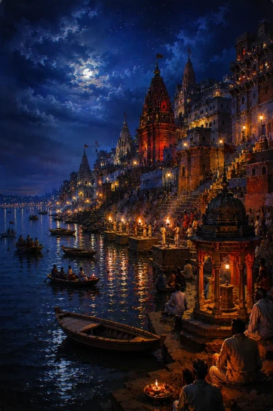 Varanasi Ghat Painting- Ganga Aarti (ART-3319-123588) - Handpainted Art Painting - 36in X 48in