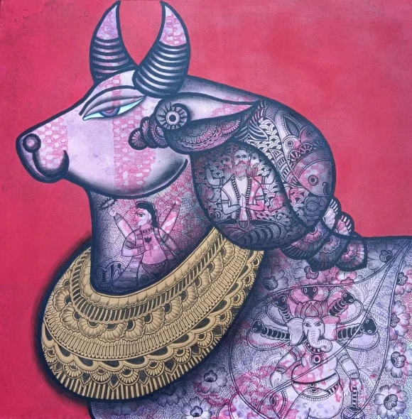 DEVA-VAHANA(THE DIVINE CARRIER) (ART-7431-123581) - Handpainted Art Painting - 24in X 24in