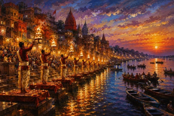 Varanasi Ghat Painting- Ganga Aarti At Ghat (ART-3319-123675) - Handpainted Art Painting - 48in X 36in