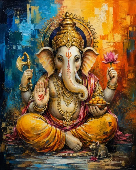 Handmade Blessing Lord  Ganesha Painting – Rich Color Vastu Home Decor (ART-3319-123670) - Handpainted Art Painting - 30in X 40in