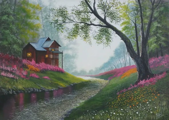 Lake Fantasy (ART-5868-123753) - Handpainted Art Painting - 35in X 24in
