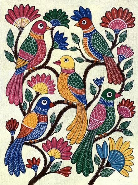 Songbirds In Bloom (ART-7213-123748) - Handpainted Art Painting - 9in X 12in