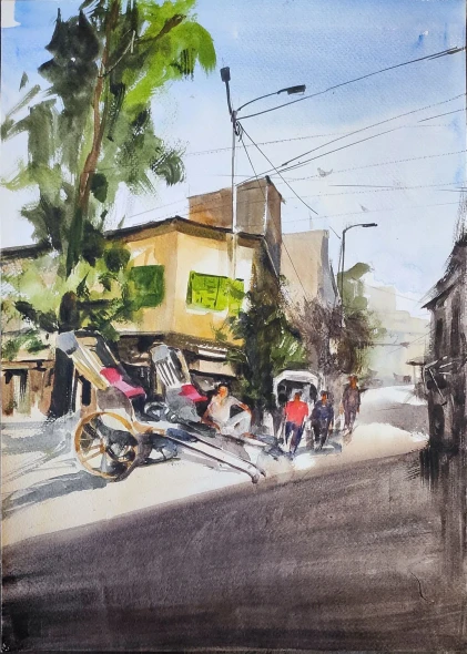 Kolkata Street (ART-7901-123724) - Handpainted Art Painting - 12in X 16in